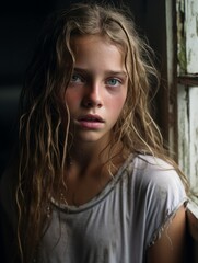 Fototapeta premium a young girl with long hair looking out a window