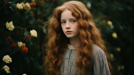 Naklejka premium a young girl with long red hair standing in front of flowers