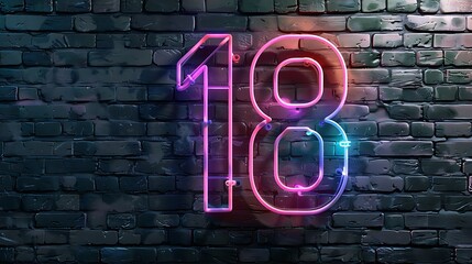 Number 18 with glowing neon colorful lighting on black brick wall