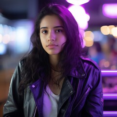 Obraz premium a young woman in a leather jacket sitting at a table