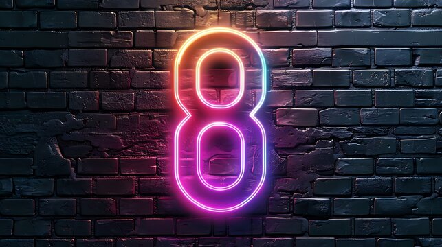 Number 8 with glowing neon colorful lighting on black brick wall