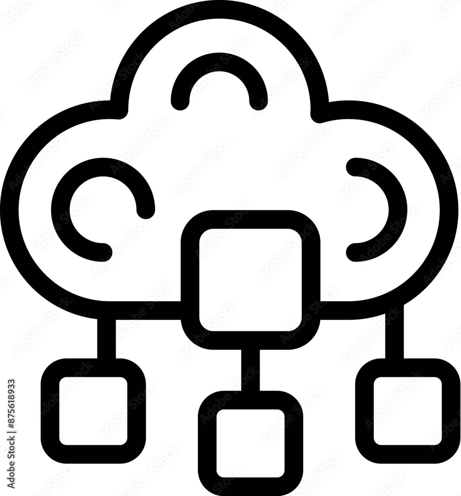 Poster line art style icon of a cloud computing system sharing data storage on a network