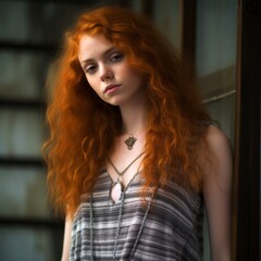 Fototapeta premium a young woman with red hair and a necklace