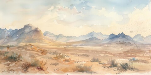 Naklejka premium Watercolor Desert Landscape with Soft Natural Colors, Depicting a Picturesque Arid Environment, Perfect for Earth Day and Nature-Themed Promotions