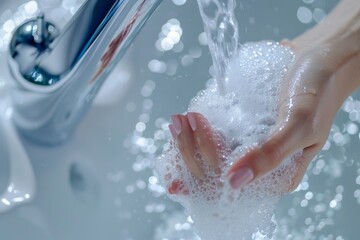 Fototapeta premium Close-Up of Woman Washing Hands Under Faucet with Liquid Antibacterial Soap and Foam, Emphasizing Self-Care and Hygiene, Perfect for Global Handwashing Day Promotions