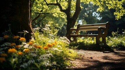 Naklejka premium A bench in a park surrounded by colorful flowers.