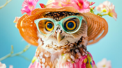 Charming and whimsical digital of an anthropomorphized owl wearing a vibrant pastel summer hat glasses and floral accessories set against a backdrop of tropical foliage and bright colors