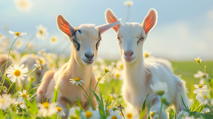 Obraz premium Two adorable baby goats playing and frolicking happily in a lush flower filled meadow on a bright sunny day The young