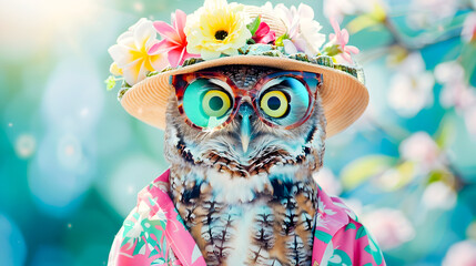 Whimsical and Colorful Portrait of a Fashionable Anthropomorphic Owl Wearing Pastel Summer Clothing Floral Hat and Sunglasses Against a Vibrant Nature Inspired Background