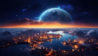 The image presents a panoramic view of a city skyline at night, with the Earth visible in the background The cityscape is dotted with numerous buildings that are illuminated by orange and white lights