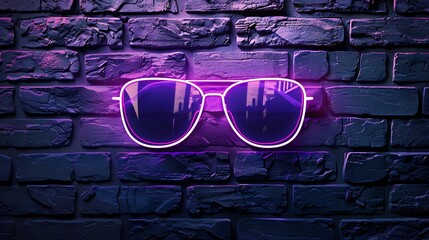 Purple sunglasses icon with glowing neon colorful lighting on black brick wall