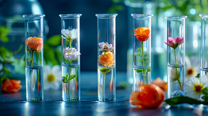 Scientific research in a laboratory with plants and test tubes, exploring biochemistry