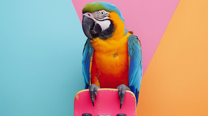 sky blue wavy parrot with plastic toy skateboard isolated on colorful background