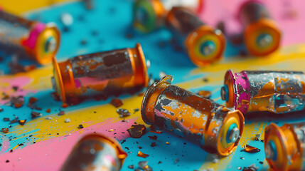 Fototapeta premium Spent finger-type batteries coated with corrosion in the trash isolated on colorful background