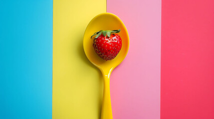 Strawberry with yellow spoon on two tone isolated on colorful background