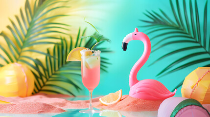 Summer beach relax concept with mojito cocktail inflatable flamingo over palms and sand isolated on colorful background