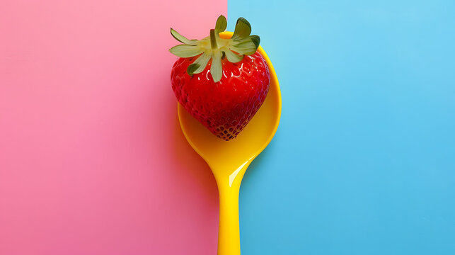 Strawberry with yellow spoon on two tone isolated on colorful background