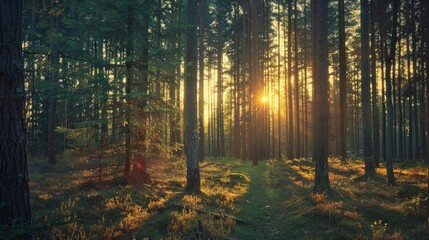 Naklejka premium forest at sunset, with the last rays of sun illuminating the trees and the sky generative ai