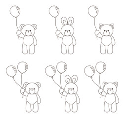 風船を持ったかわいいくまとうさぎとねこのぬいぐるみのベクターイラストセット　アイコン　バルーン　動物	
