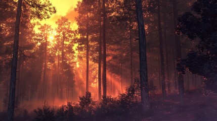 forest at sunset, with the last rays of sun illuminating the trees and the sky generative ai