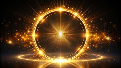 Vibrant golden circular shape radiates warm light, surrounded by darkness, evoking feelings of elegance, sophistication, and mystique on a black background.