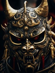 Fototapeta premium an asian demon mask with horns and red eyes