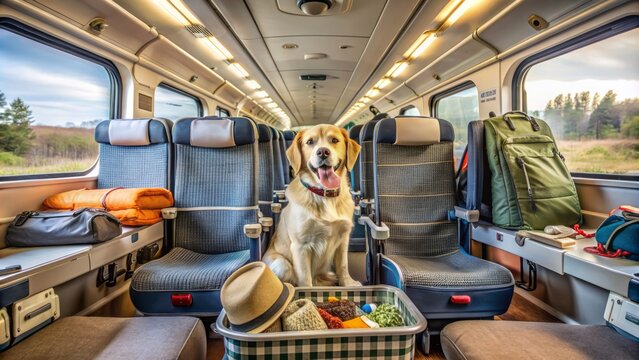 Cozy train compartment with a solo dog sitting on a seat, surrounded by luggage, toys, and pet accessories, travel atmosphere.