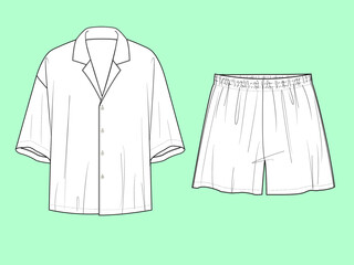 ladies nightwear oversize revere collar shirt and shorts flat sketch vector.