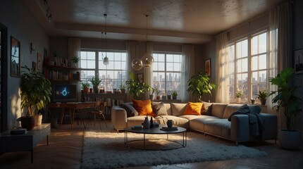 Fototapeta premium Beautiful modern living room, electric with plant elements