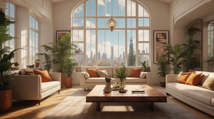 Fototapeta premium Beautiful modern living room, electric with plant elements