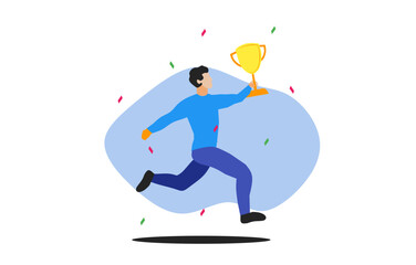Flat Landing Page Design with Happy Business man Holding Huge Gold Trophy Cup. Reward and Prize for Victory. Financial Win Celebration. Effective Target Marketing Result. Vector Cartoon Illustration