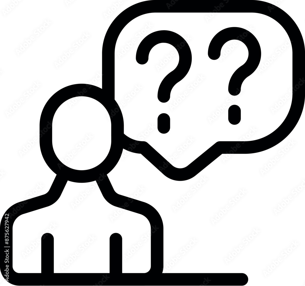 Poster person having questions thinking about problem solution with question marks icon