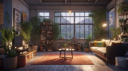 Fototapeta premium Beautiful modern living room, electric with plant elements