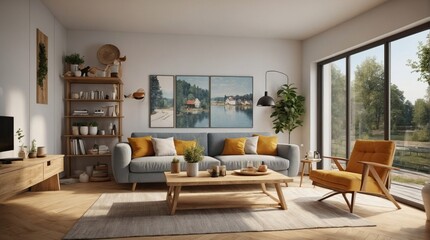 Fototapeta premium Beautiful modern living room, electric with plant elements
