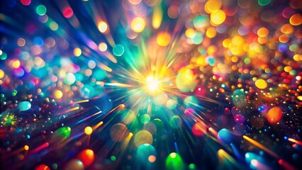 Fototapeta premium Vibrant, swirling, abstract, rainbow-colored light leaks and bokeh blur against a dark background, evoking a retro, analog, prism-inspired filter effect.