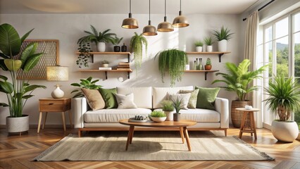 Serene modern bohemian living room with minimalist white sofa, lush greenery, and soft earthy tones exuding cozy elegance and sophistication.