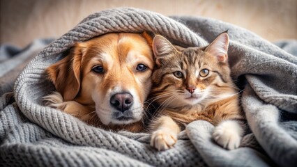 Adorable canine and feline duo snuggles up together, paws entwined, under a warm blanket, epitomizing heartwarming pet friendship.