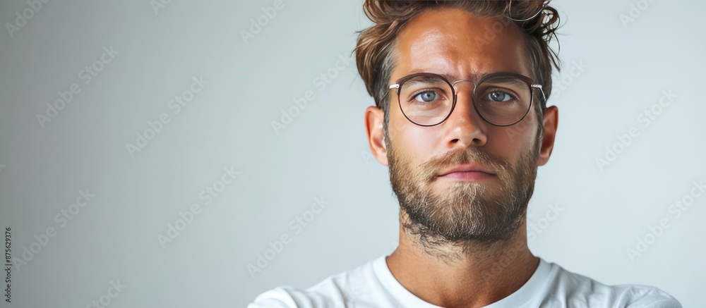 Wall mural Portrait of a Young Bearded Man with Glasses in Casual Attire