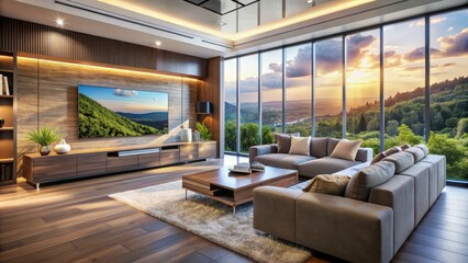 Modern cozy living room interior features sleek couch, large television display, and expansive panoramic window with breathtaking outdoor views.