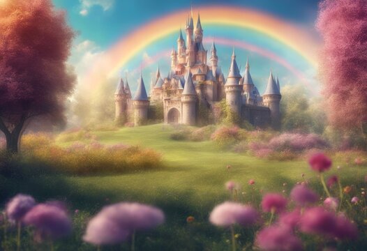 lovely art princess background flower cartoon rainbow love magical childlike beautiful fashioned old wonderland meadow kingdom palace fit tale devo castle