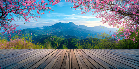 Beautiful sunrise over a misty mountain landscape with a green forest