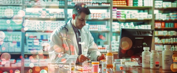 Pharmacist wearing white coat filling prescription order while standing in pharmacy