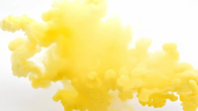 Brilliant yellow powder erupts chaotically against pure white. Billowing clouds of sunny pigment create intricate patterns, showcasing dynamic motion and energy in a striking color contrast.	