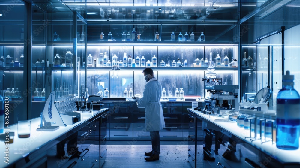 Poster scientist working in a high-tech lab conducting research and experiments with various laboratory equ