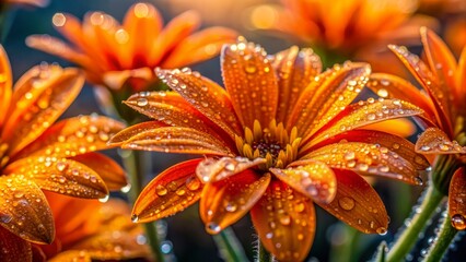 Exquisite macro shot of vivid orange blossoms glistening with intricate dewdrops, showcasing delicate petals and subtle morning light play.