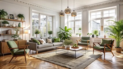 Elegant Scandinavian living room features comfortable sofa mid century furniture cozy carpet wooden floor white walls and lush greenery accents.