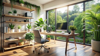 Modern workspace radiates serenity, flooded with natural light, boasting a minimalist computer setup and lively greenery in elegant harmony.