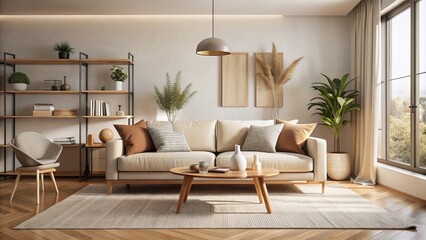 Sleek beige sofa anchors serene modern Japandi living room with airy minimalism, soft textures, and stylish Scandinavian-inspired decor accents.