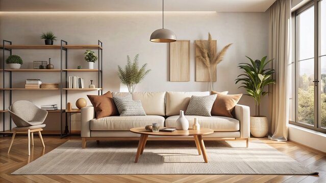 Sleek beige sofa anchors serene modern Japandi living room with airy minimalism, soft textures, and stylish Scandinavian-inspired decor accents.
