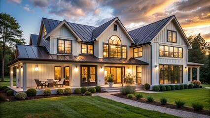 Elegant modern farmhouse boasts chic design, open layout, large windows, and abundance of natural light, exuding warmth and serenity.